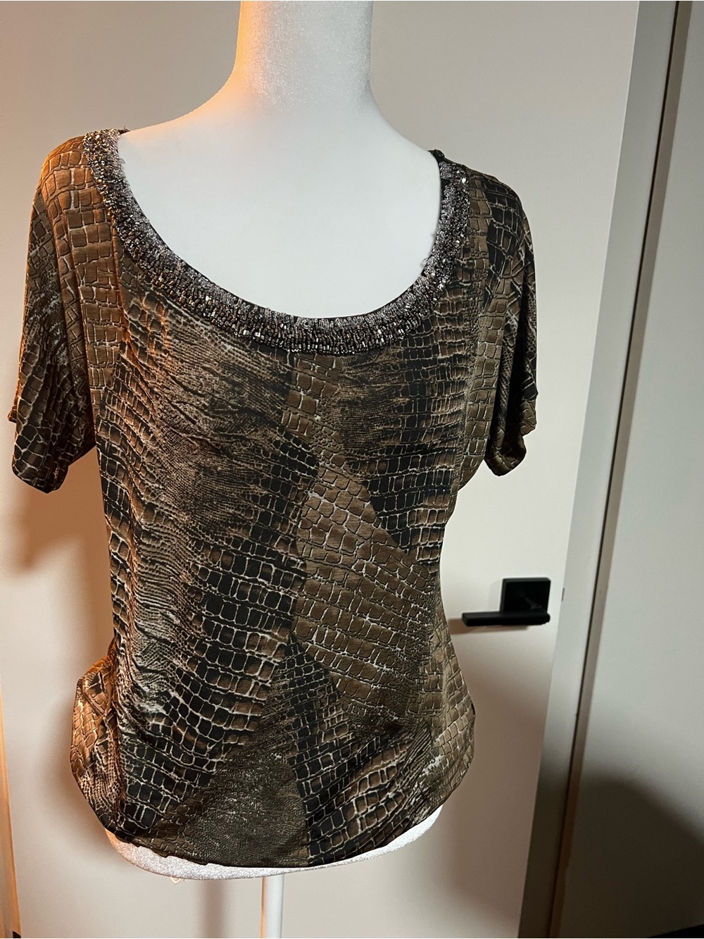 Studio Y Brown Snake-Print Scoop Neck Top with Beaded Trim